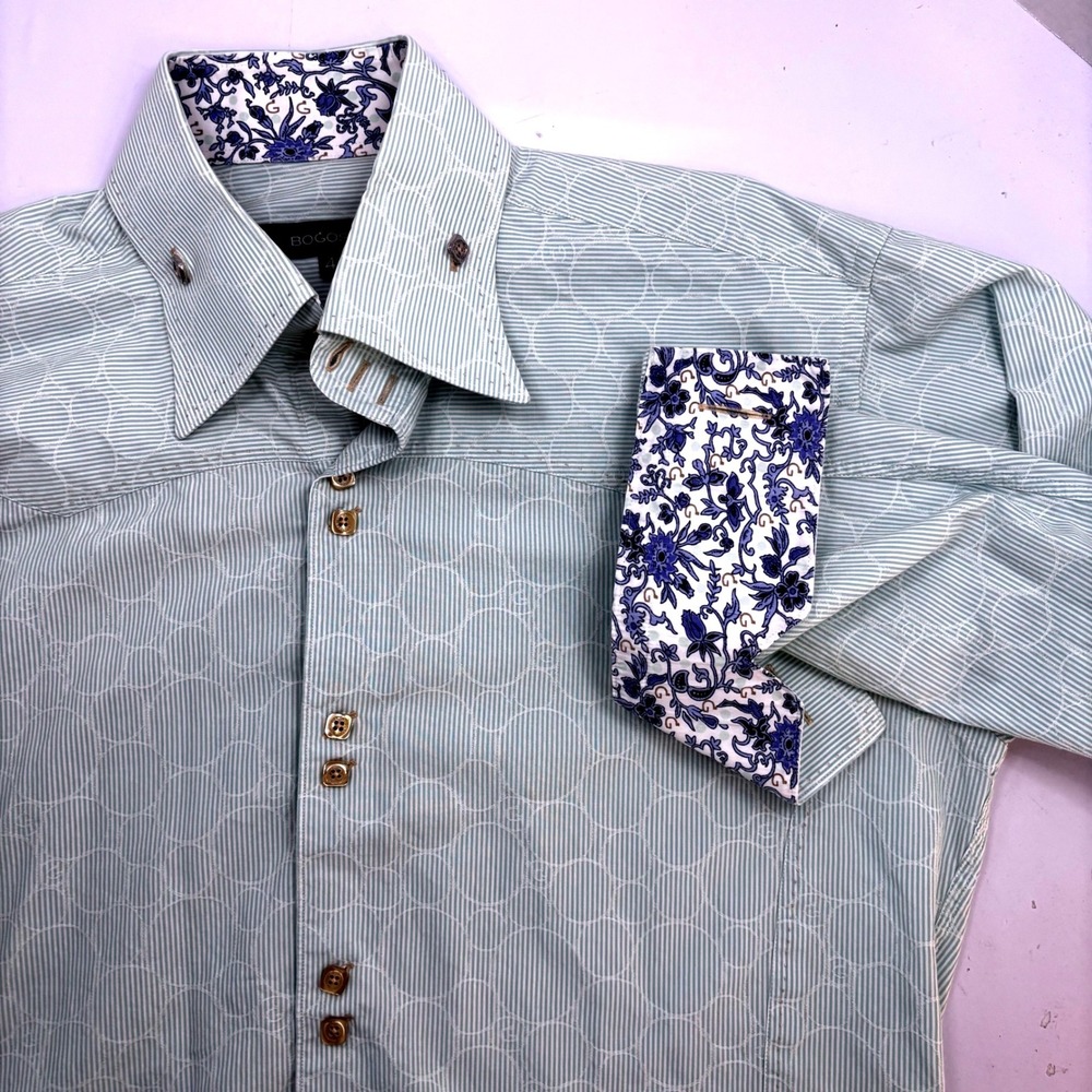 Bogosse Mens Striped Button Down Shirt Green White Floral Trim Size 4 Large